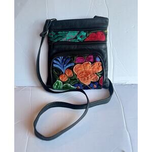 Mexican Handmade Leather Embroidered Flowers Black Bag Lined Double Zip